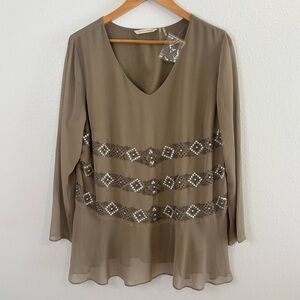 Soft Surroundings Beaded Chiffon Tunic BlouseTop XL Taupe Sheer Embellished